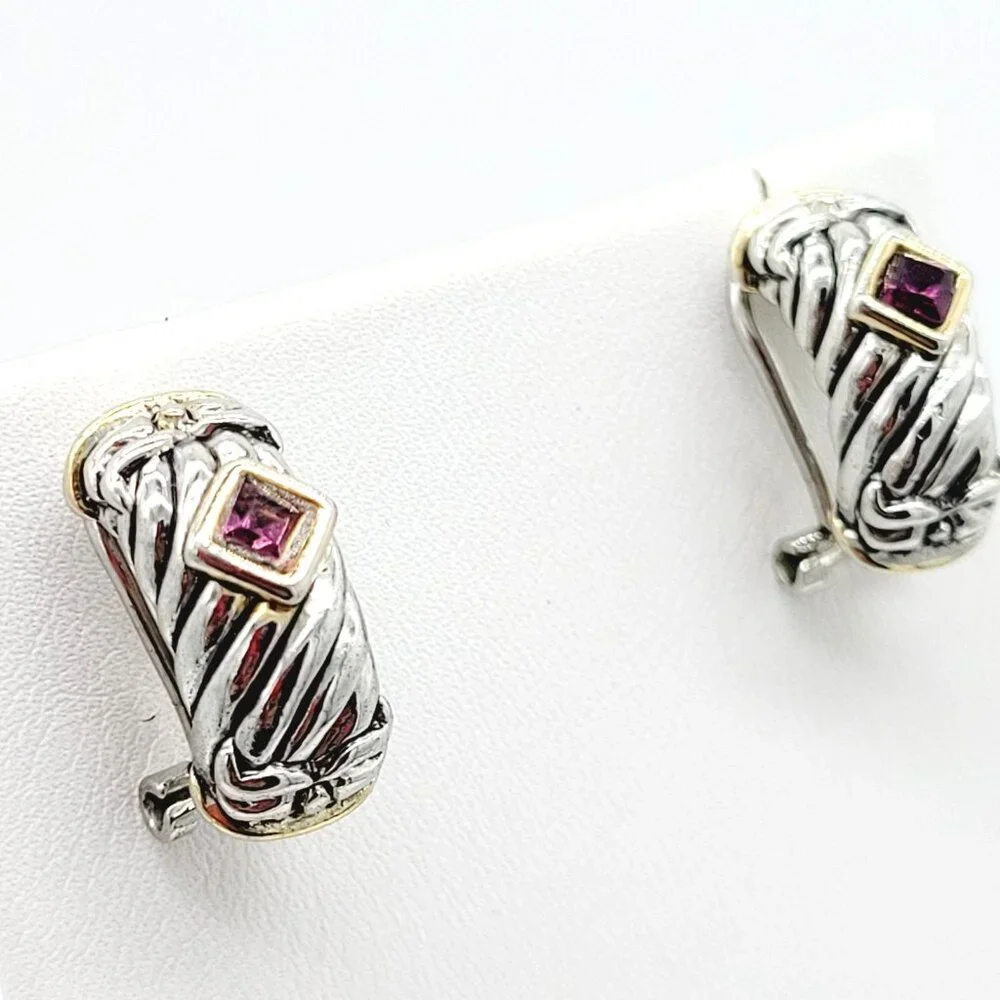 Two Toned Mixed Metal Amethyst Glass Earrings Silver & Gold Tone Well Made 3/4